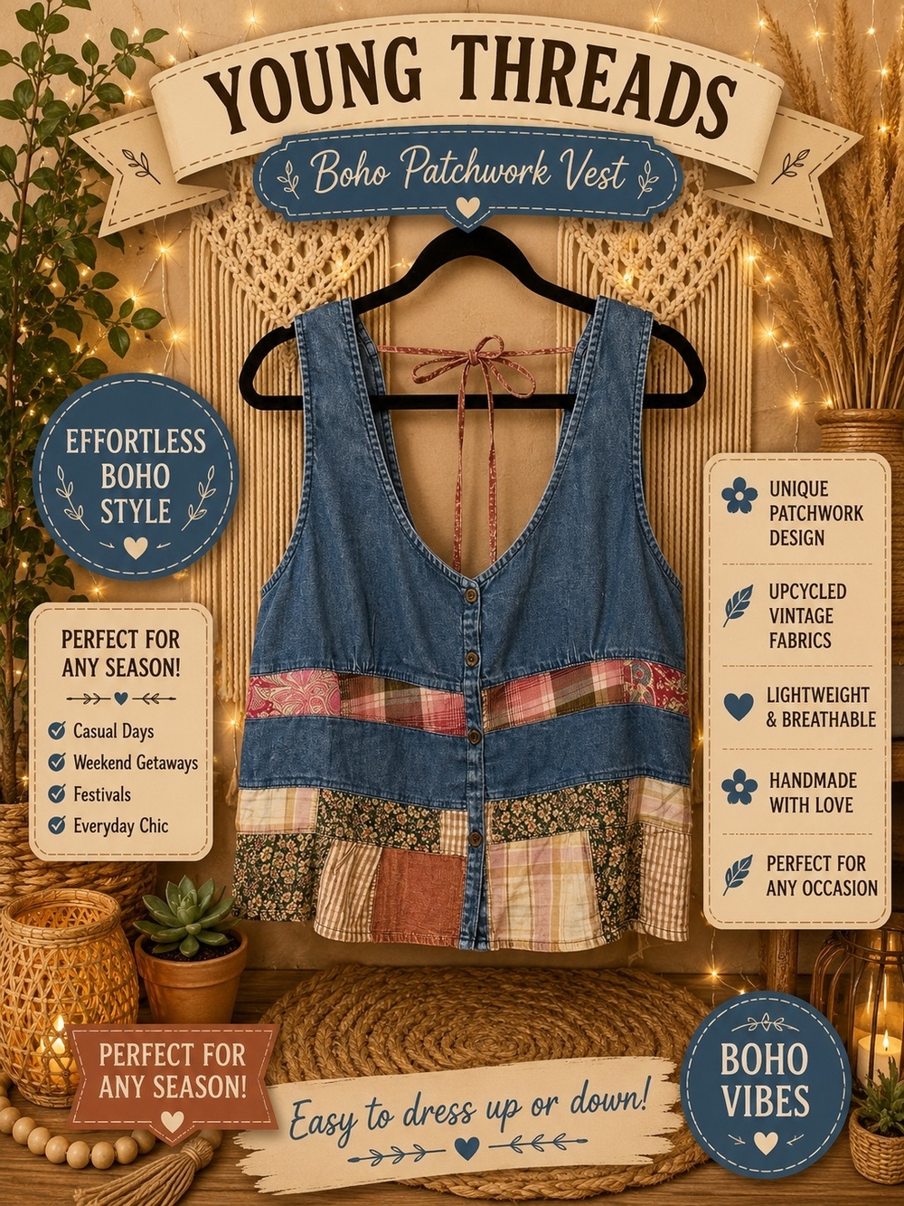 Young Threads Blue Patchwork Denim Vest - Boho Tank